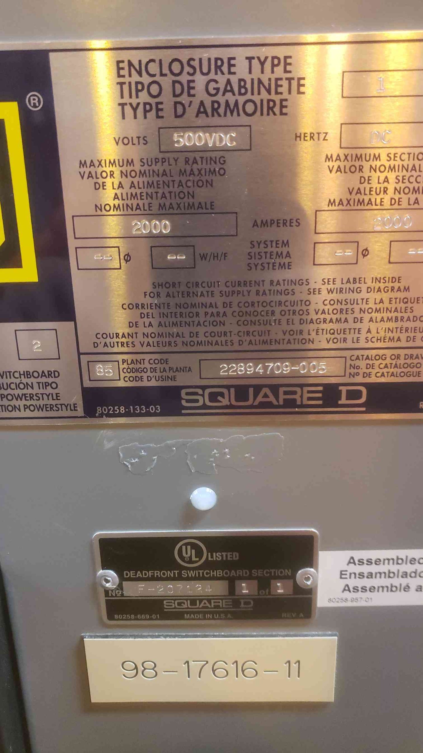SQUARE D QED 2000A PAF362000DC 500VDC POWER STYLE SWITCHBOARD Disconnect (SKU: 110329)