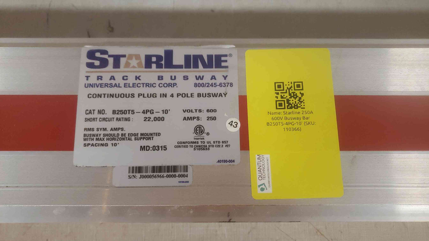 Starline 250A 600V Busway Bar B250T5-4PG-10' (SKU: 110366)