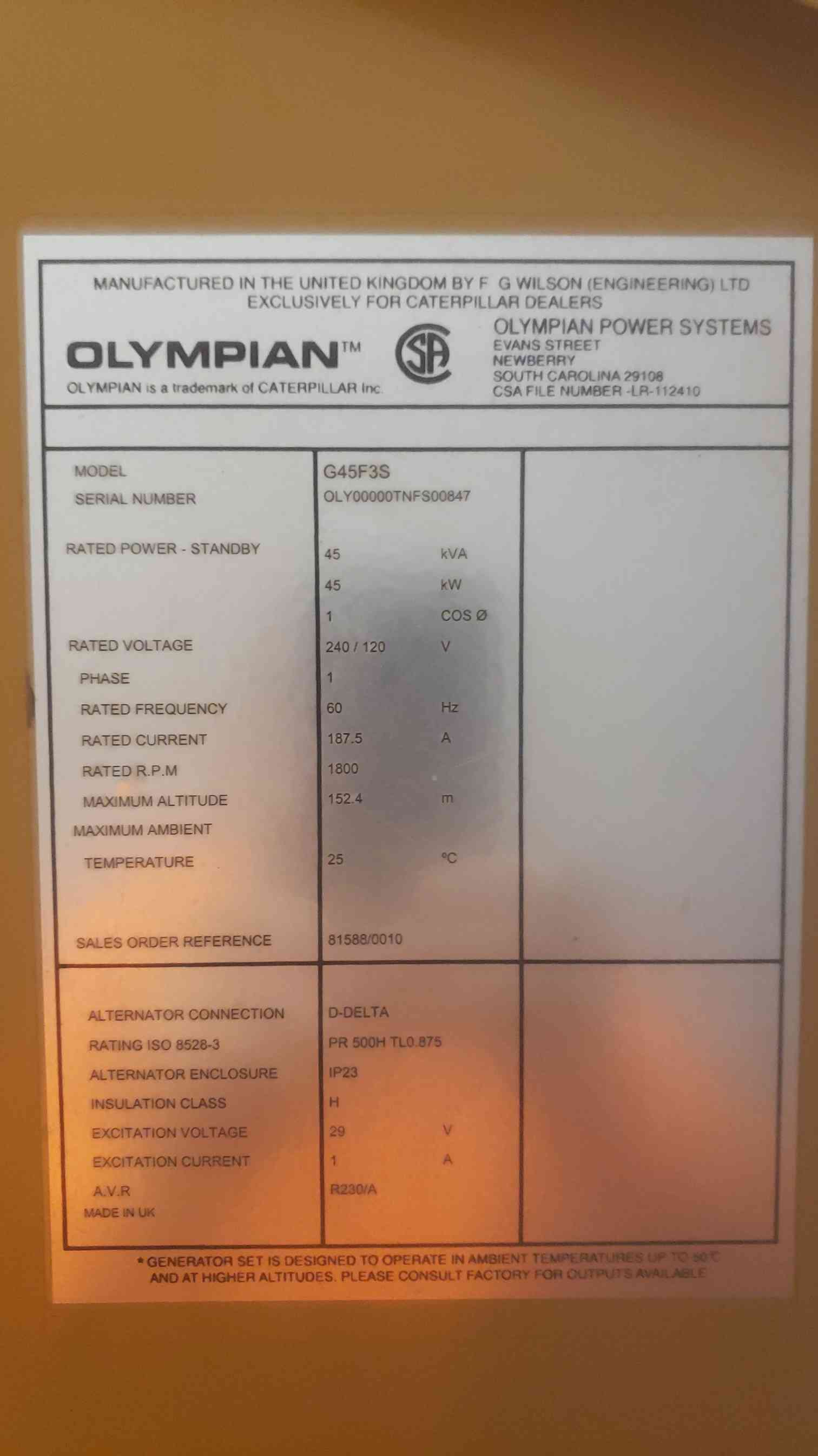 45KW Cat Olympian 1PH Nat Gas LP Generator G45F3S 510Hrs TESTED (SKU: 110397)