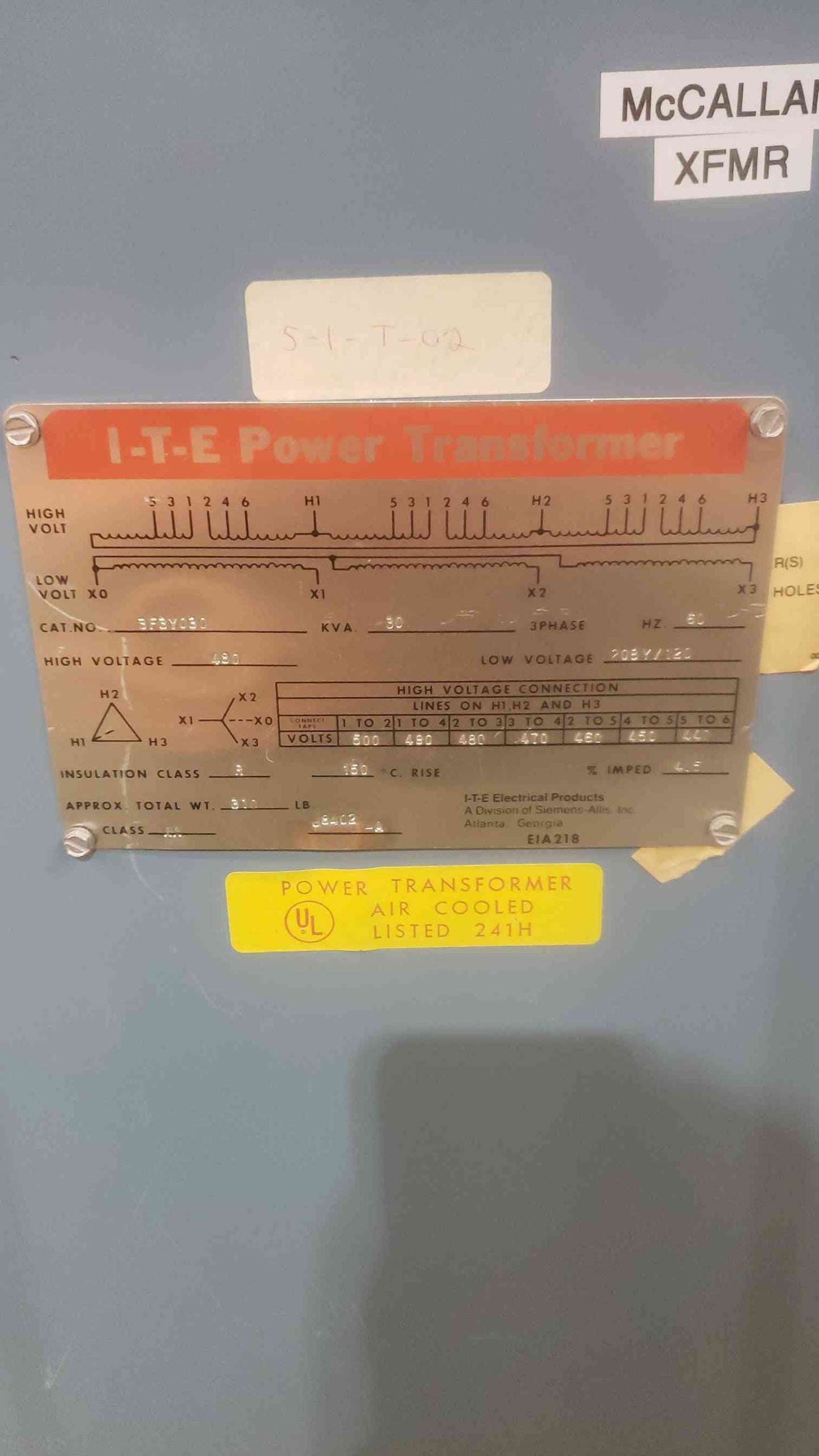 30KVA I-T-E Power Transformer 3F3Y030 480V x 208/120 3PH 60Hz(SKU: 110571)