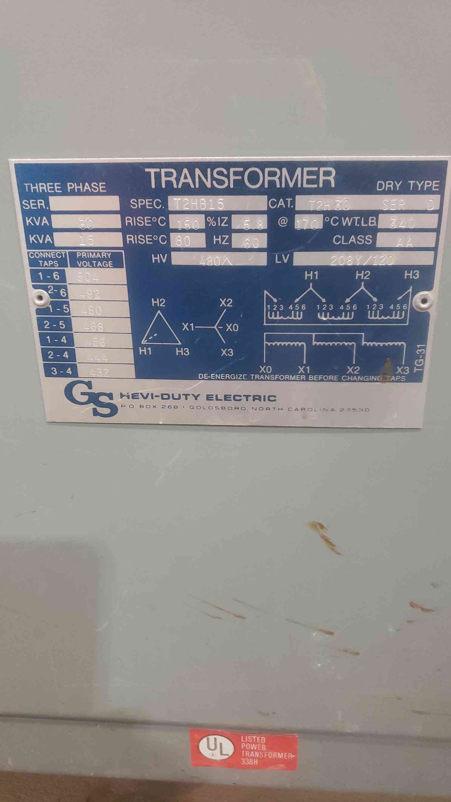 30KVA GS HEVI-DUTY ELECTRIC TRANSFORMER T2H30 480V x 208/120 3PH 60Hz(SKU: 110573)