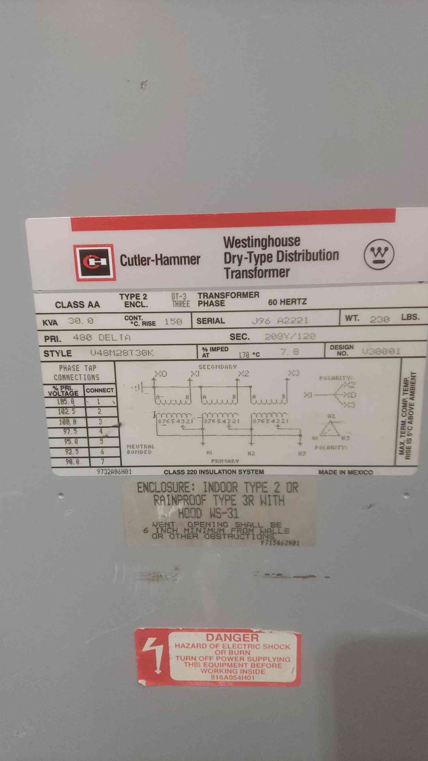 30KVA Cutler-Hammer Transformer V48M28T30K 480V x 208/120v 3PH 60Hz(SKU: 110574)