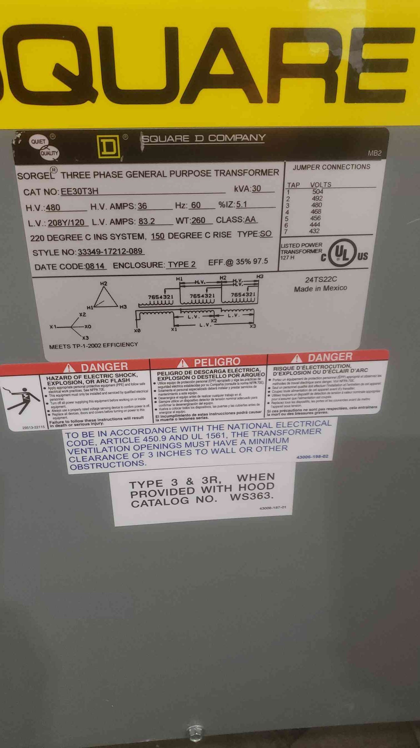 SQUARE D 30kVA 480V x 208/120v 60Hz 3PH General Purpose Transformer CAT NO. EE30T3H(SKU: 110614)