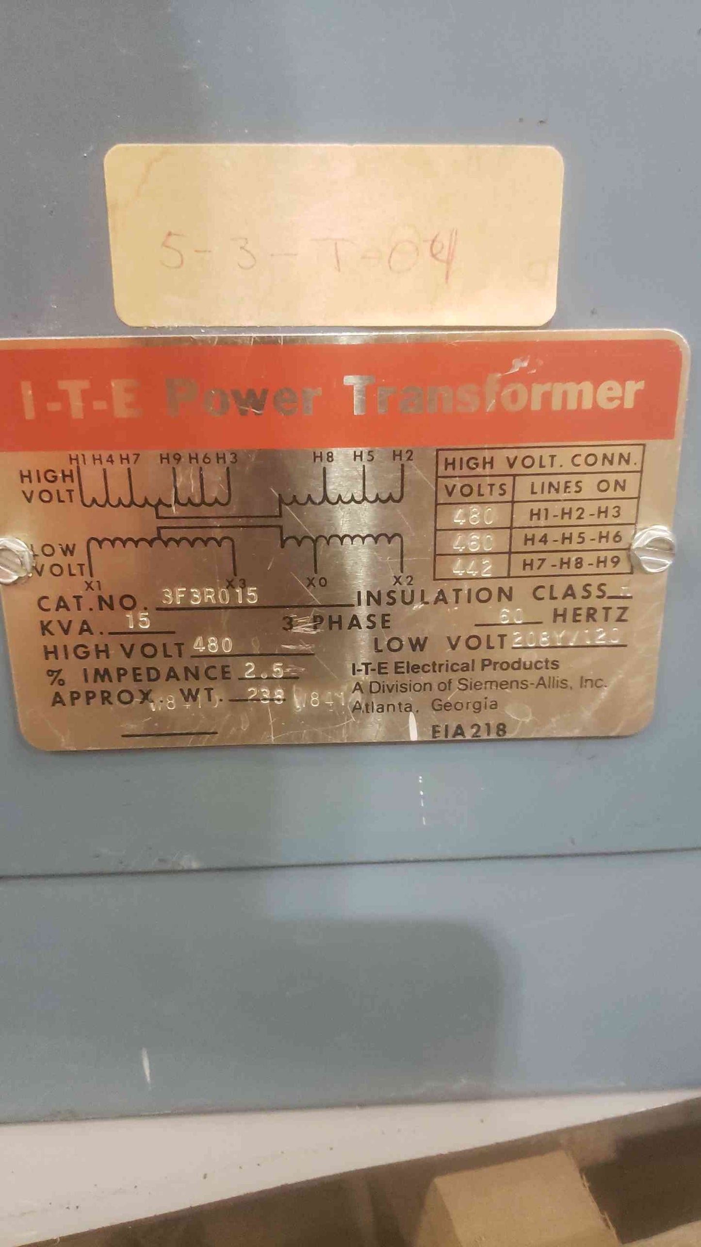 I-T-E Power Transformer 15KVA 480V 3PH 60Hz 3F3R015(SKU: 110598)