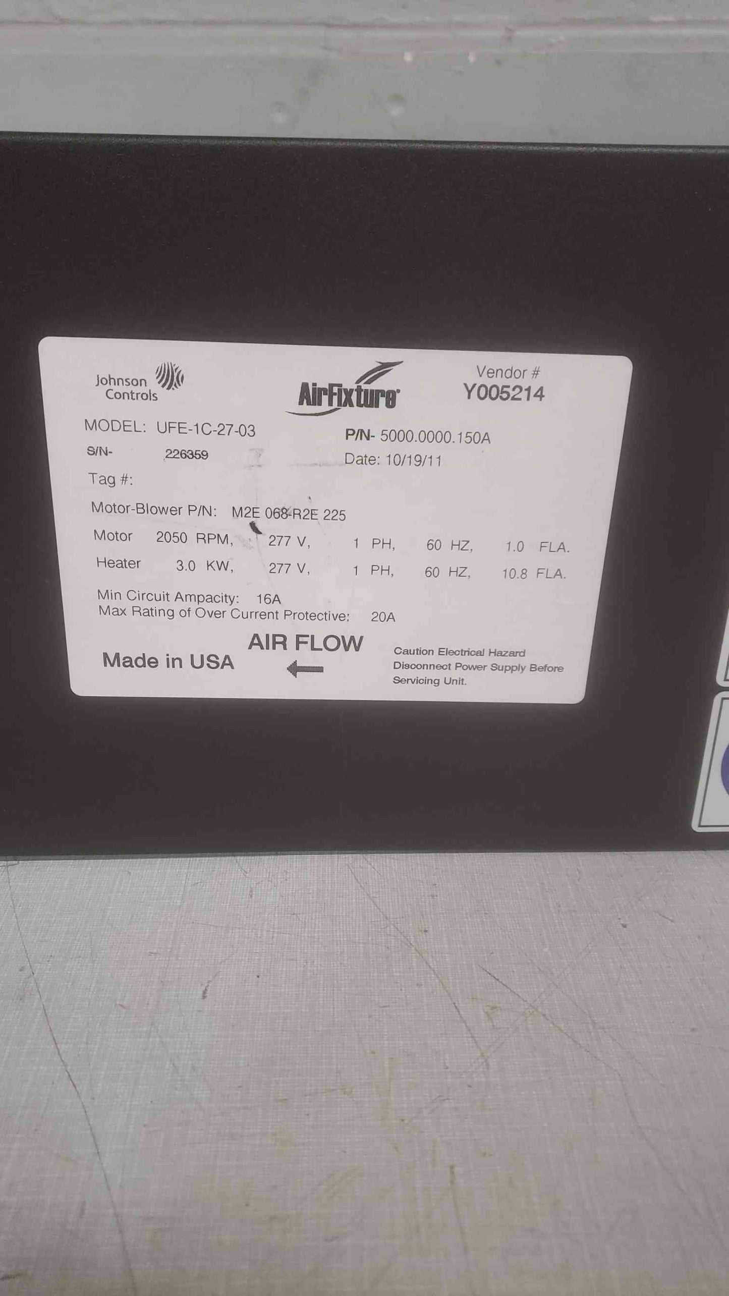 Johnson Controls 277V 1PH 60Hz FlexSys Underfloor Air Distribution Module UFE-1C-27-03(SKU: 110720