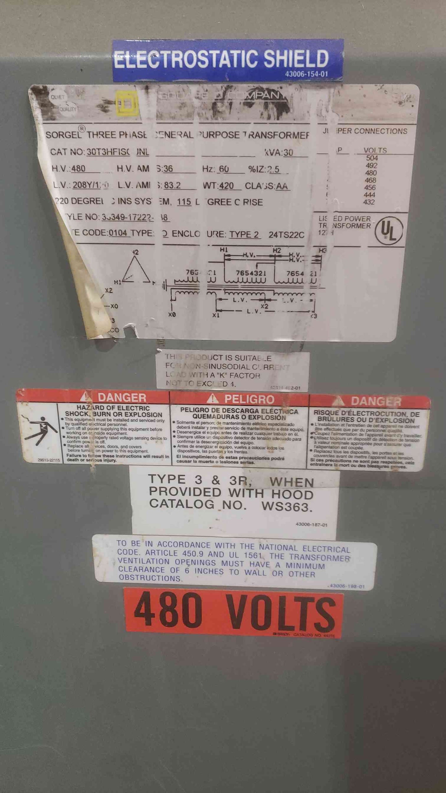 30KVA SQUARE D SORGEL 3PH General Purpose Transformer 480 208/120