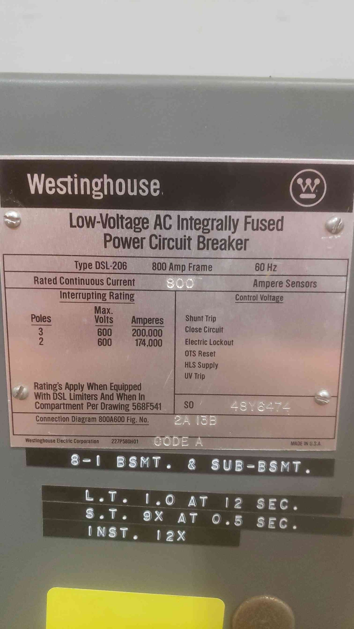 Westinghouse 800A LV AC Fused Power Circuit Breaker DSL-206 (SKU: 110818)
