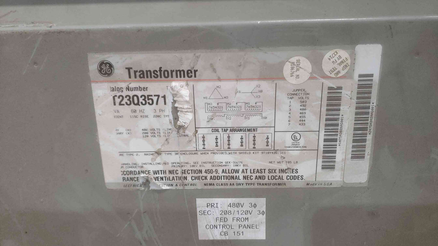 15KVA GE 480V 208/120 60Hz 3PH Transformer T23Q3571(SKU: 110840)