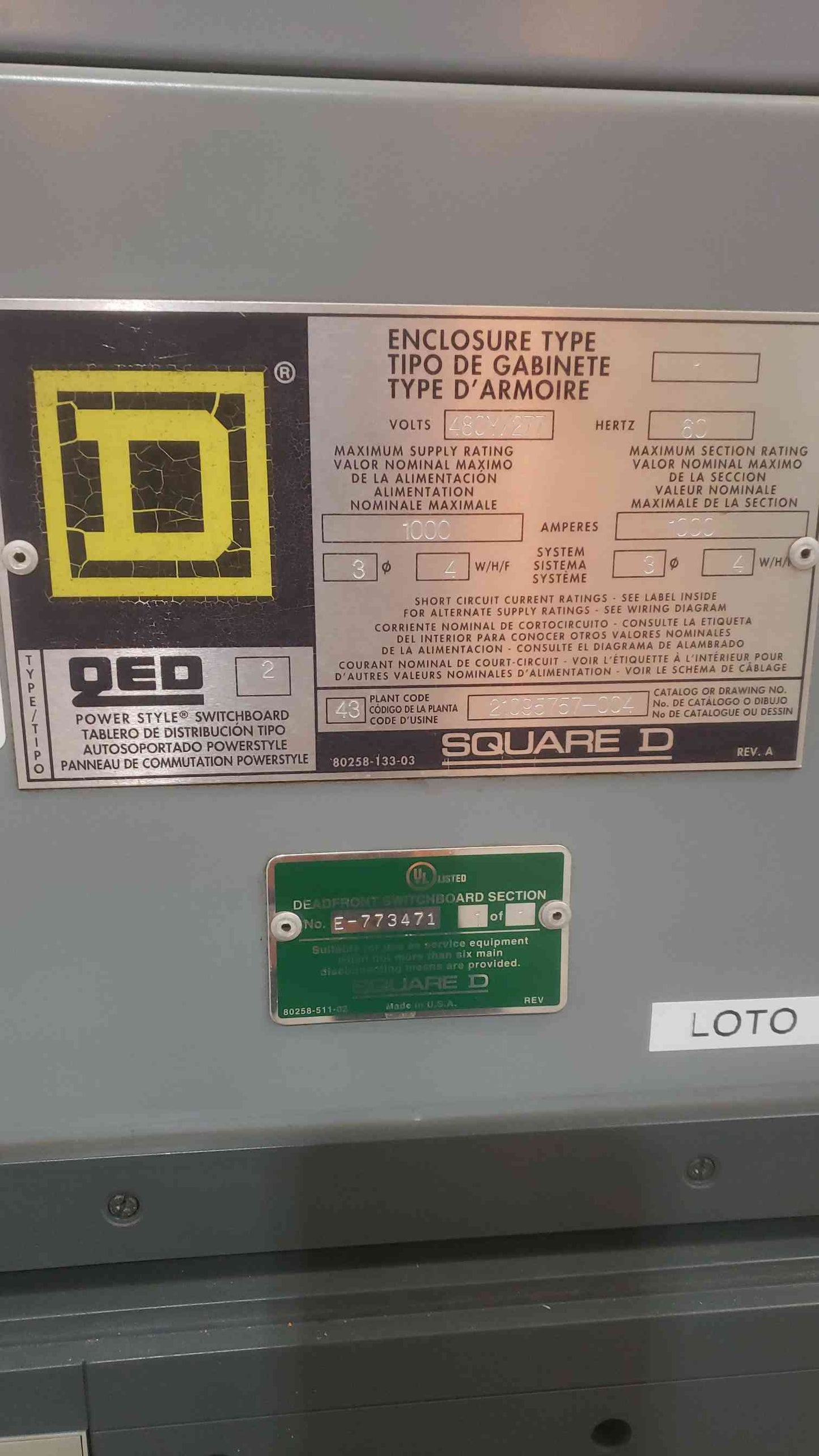 1000A QED SQUARE D Power Style Disconnect Switch 480/277V 3PH 4W 21095757-004(SKU: 111101)