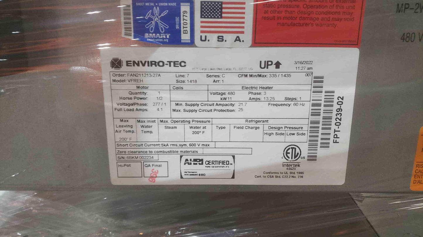 ENVIRO-TEC VFR Parallel Flow Fan-Powered VAV Terminals VFREH