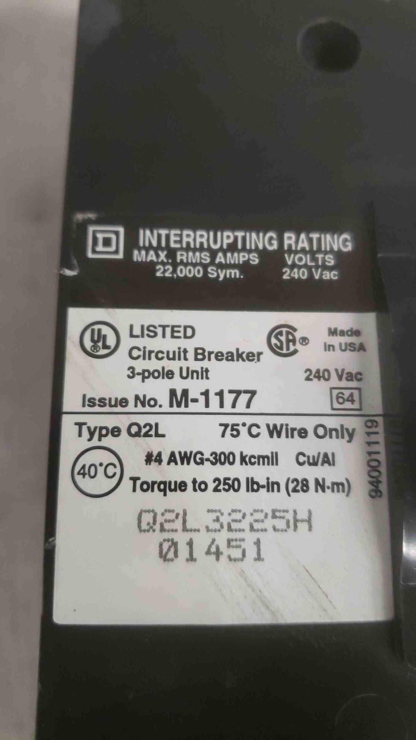Square D 225A 3P 240VAC Breaker Q2L3225H (SKU: 111169)