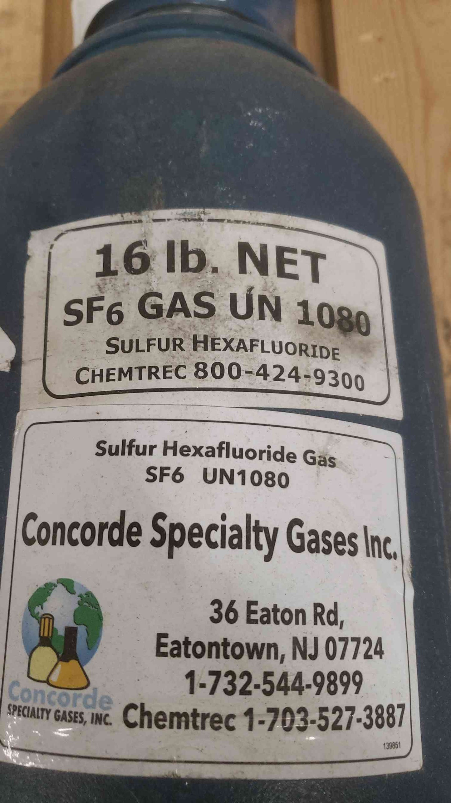 Concorde 16 LB Sulfur Hexafluoride Tank (SKU: 111174)