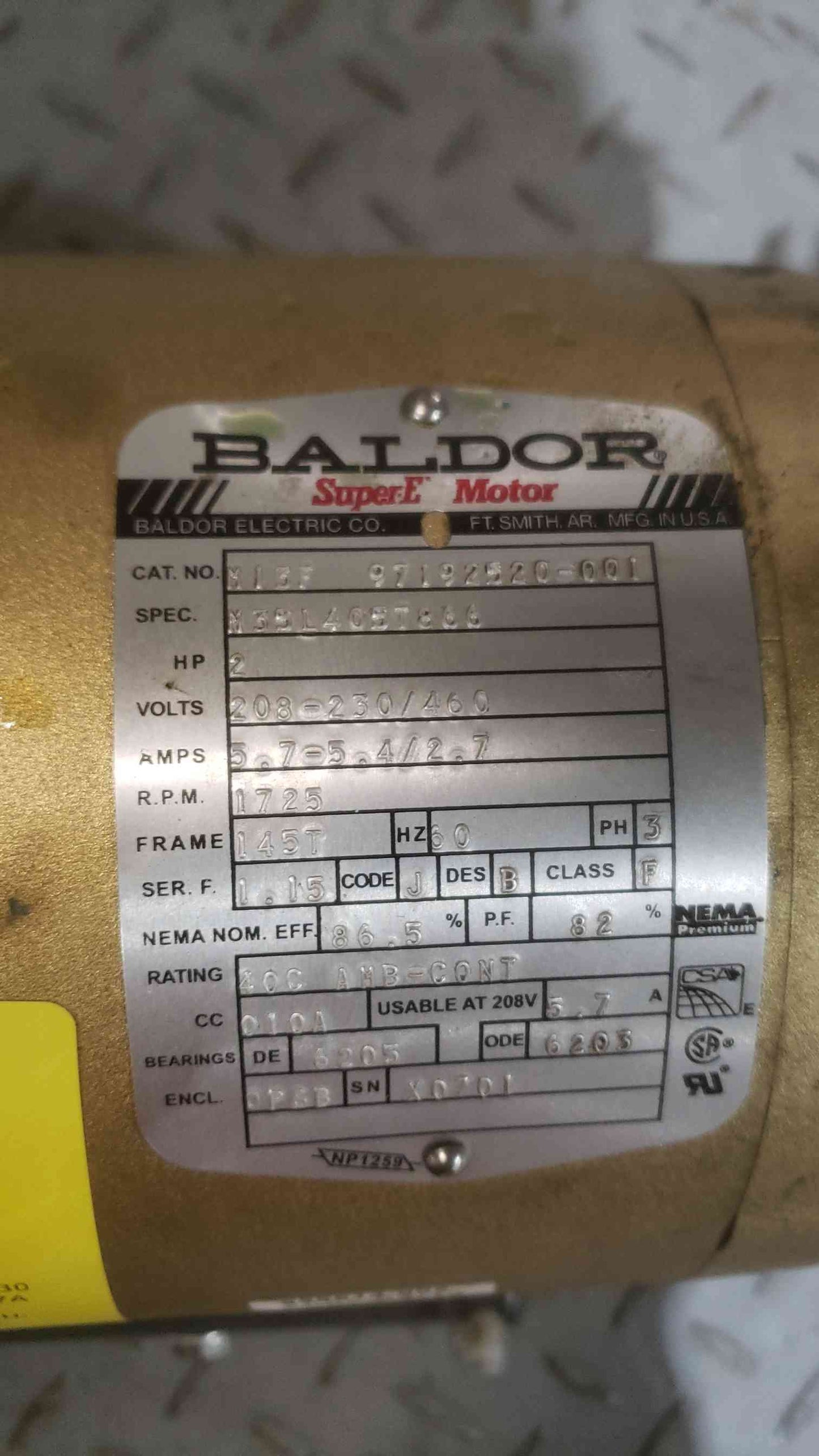 Baldor 208-230/460 2HP 5.7-5.4/2.7A Motor M13F 97192520-001 (SKU: 111207)