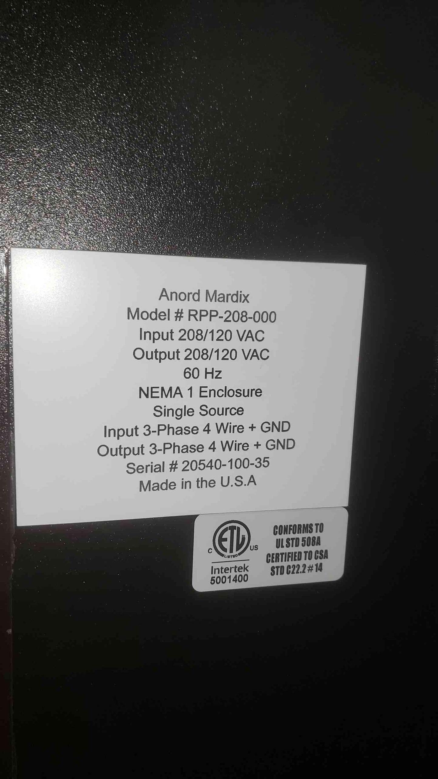 NEW Anord Mardix 208/120VAC 60Hz RPP-208-000 (SKU: 111233)