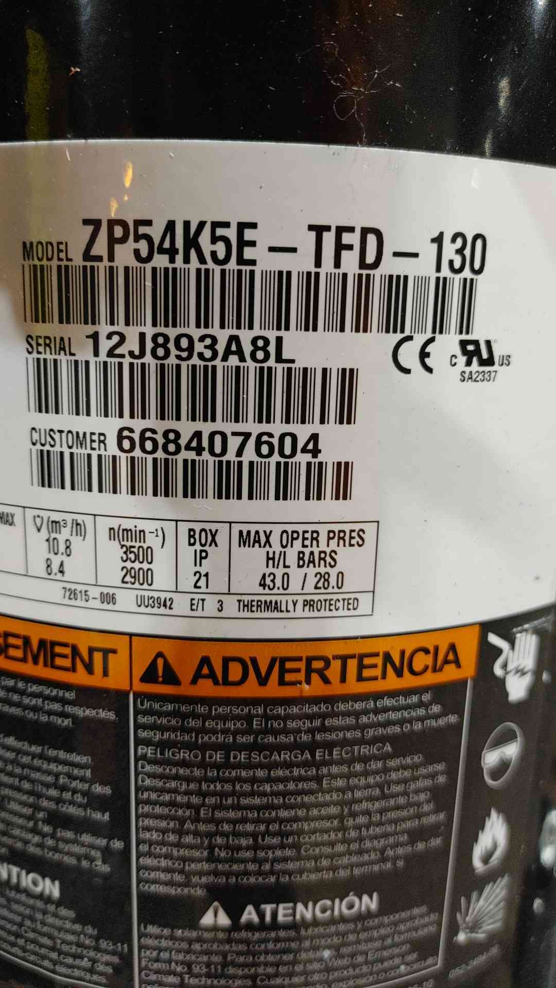 Copeland Scroll 460 3PH Compressor ZP54K5E-TFD-130 (SKU: 111228)