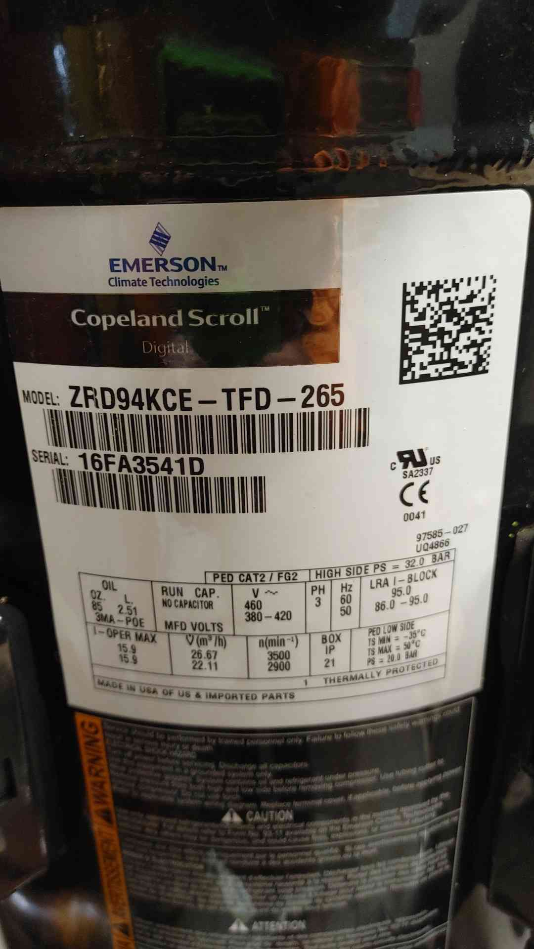 Copeland Scroll 460 380-420 3PH Compressor ZRD94KCE-TFD-265 (SKU: 111229)