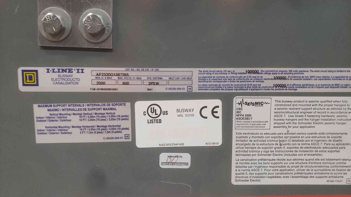 SQUARE D 'I-LINE II' 2000A 600V 3PH 3W BUSWAY AF2320G10ETBS(SKU: 111230)