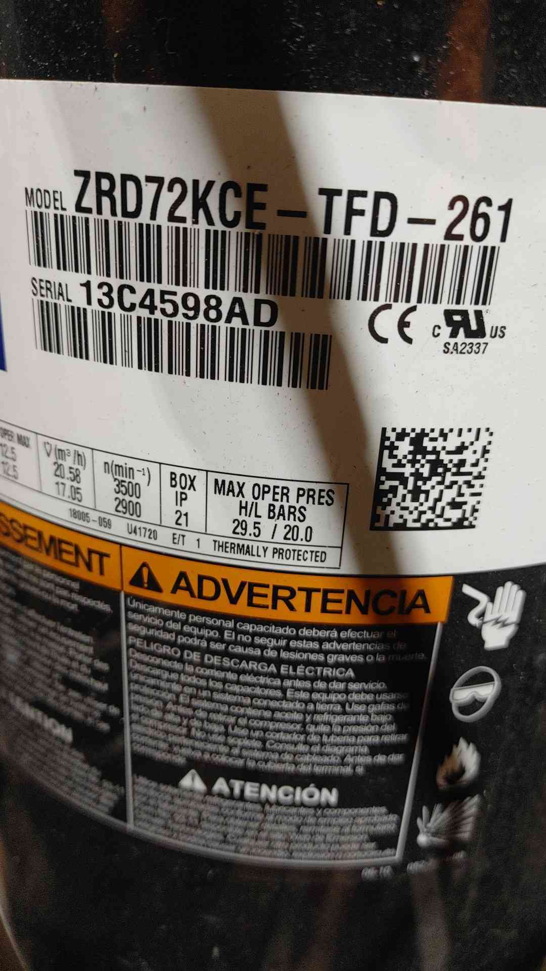 Copeland Scroll 460 380-420 3PH Compressor ZRD72KCE-TFD-261 (SKU: 111231)