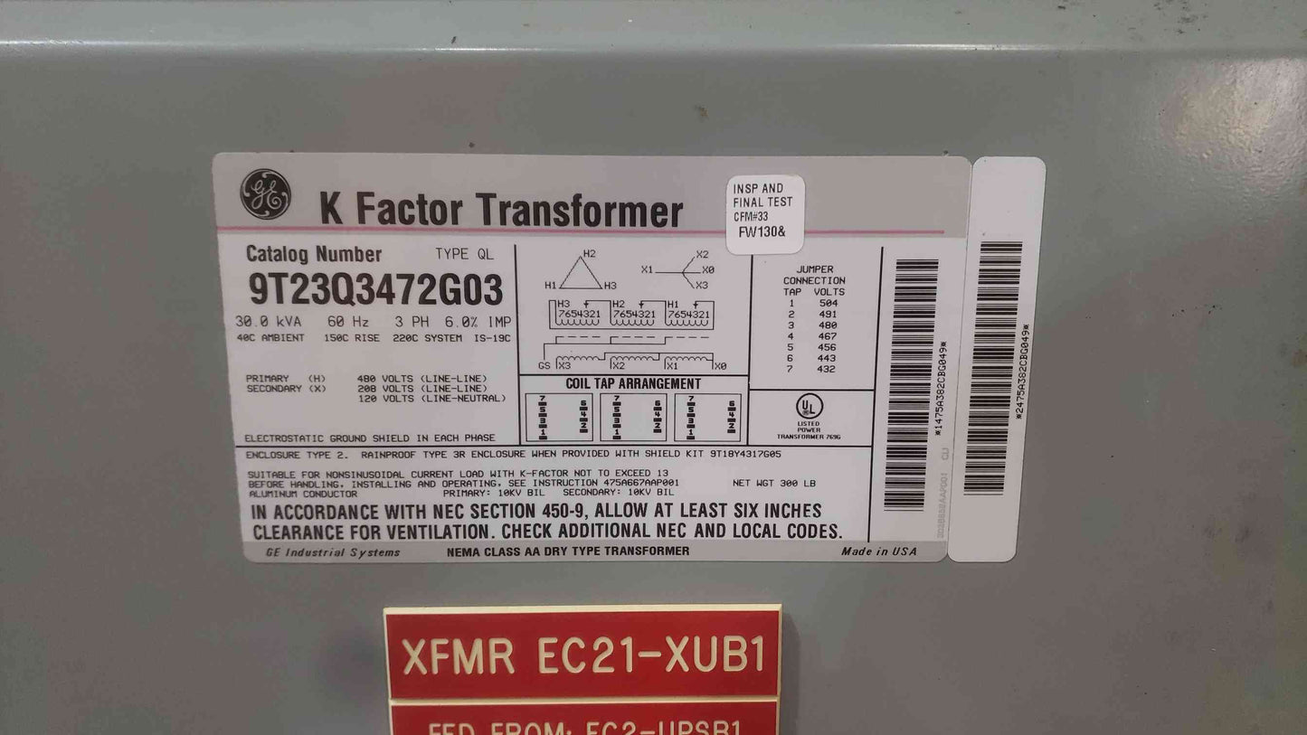 GE 30KVA 480-208/120 3PH 60Hz Transformer 9T23Q3472G03 (SKU: 111232)