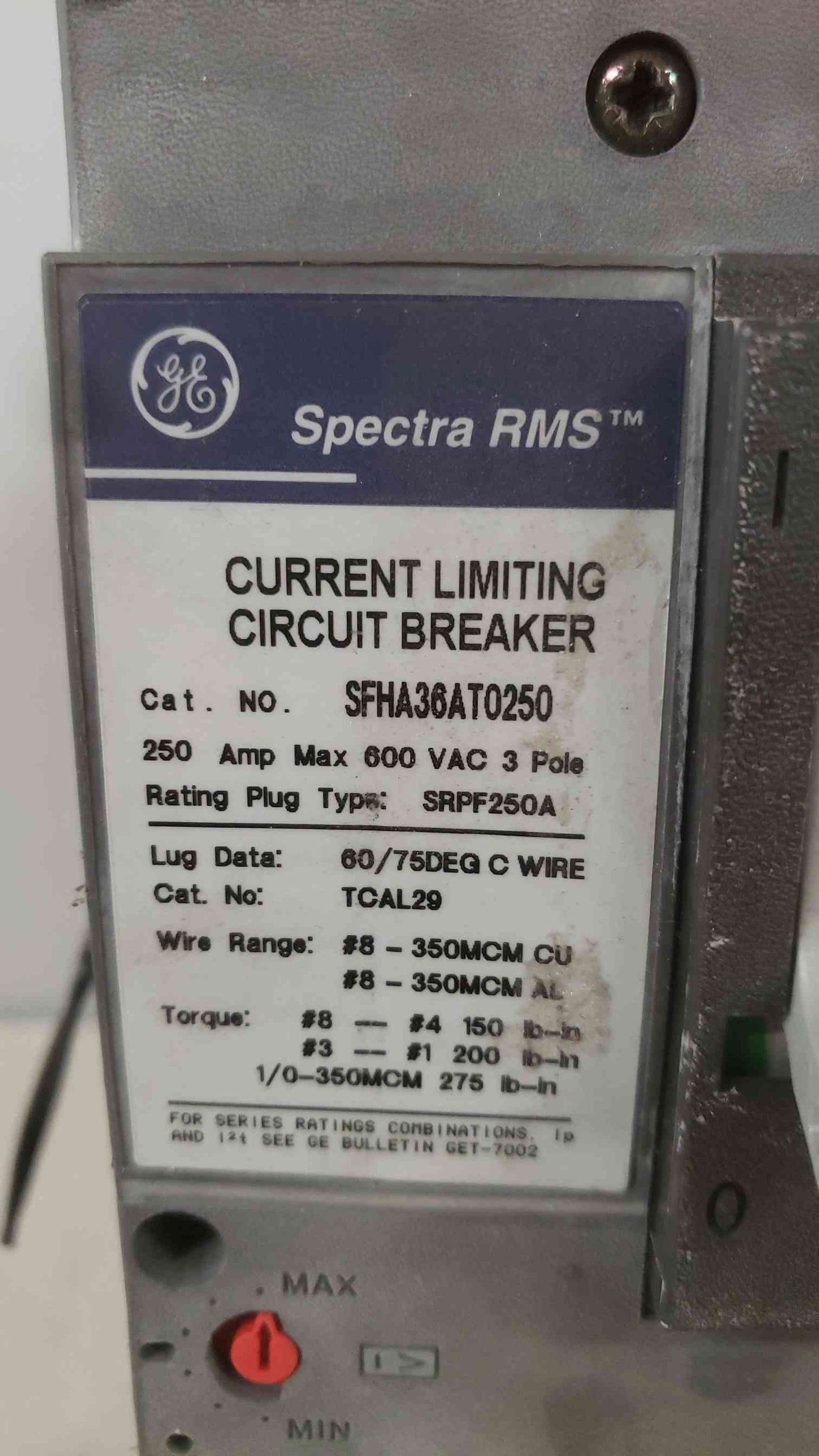 GE 250A 600VAC 3 Pole Breaker SFHA36AT0250 175A Trip