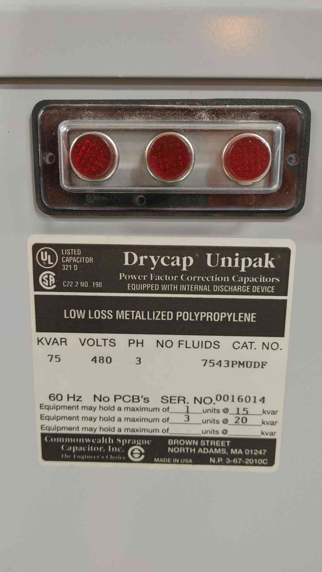 SPRAGUE 75KVAR 480V 3PH Power Factor Correction Capacitors 7543PMUDF(SKU: 111347)