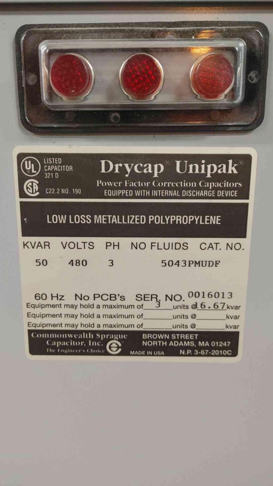 SPRAGUE 50KVAR 480V 3PH Power Factor Correction Capacitor 5043PMUDF(SKU: 111349)