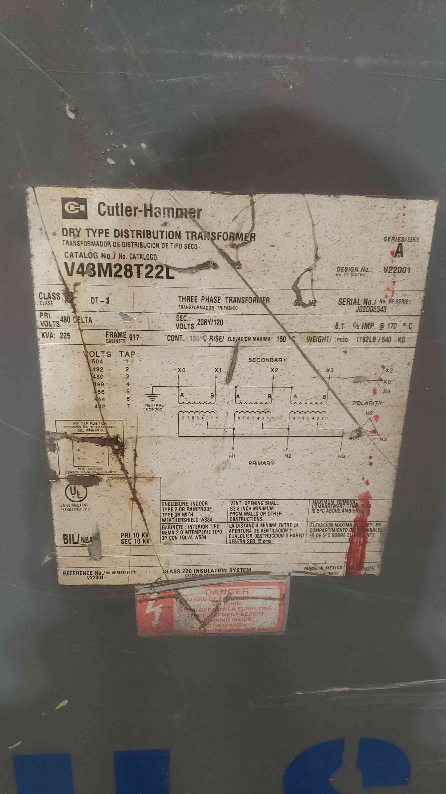 Cutler-Hammer 225KVA 480v x 208Y/120v 3PH Dry Transformer V48M28T22L (SKU: 111376)