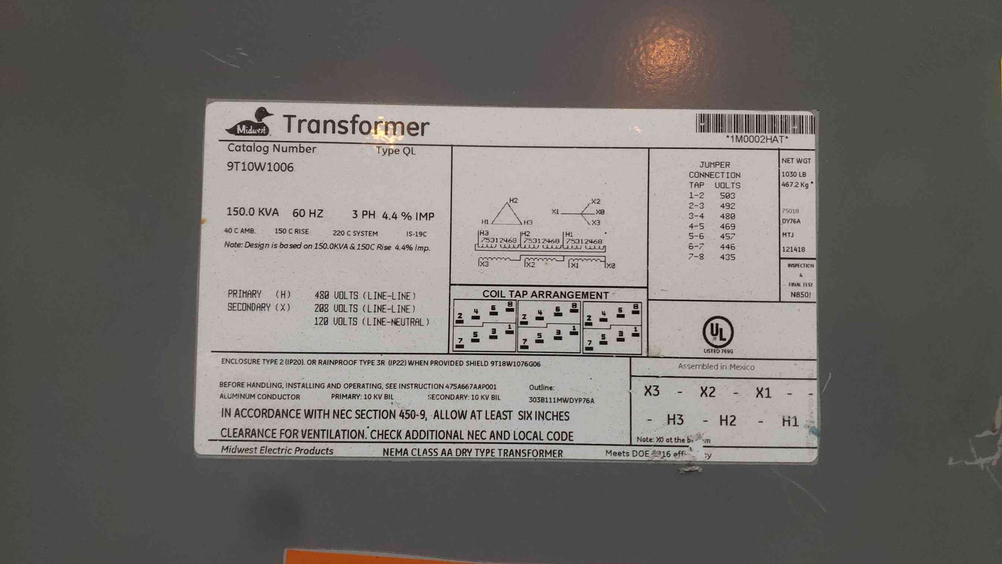 GE 150KVA 3PH 480v x 208/120v Transformer 9T10W1006 (SKU: 111372)