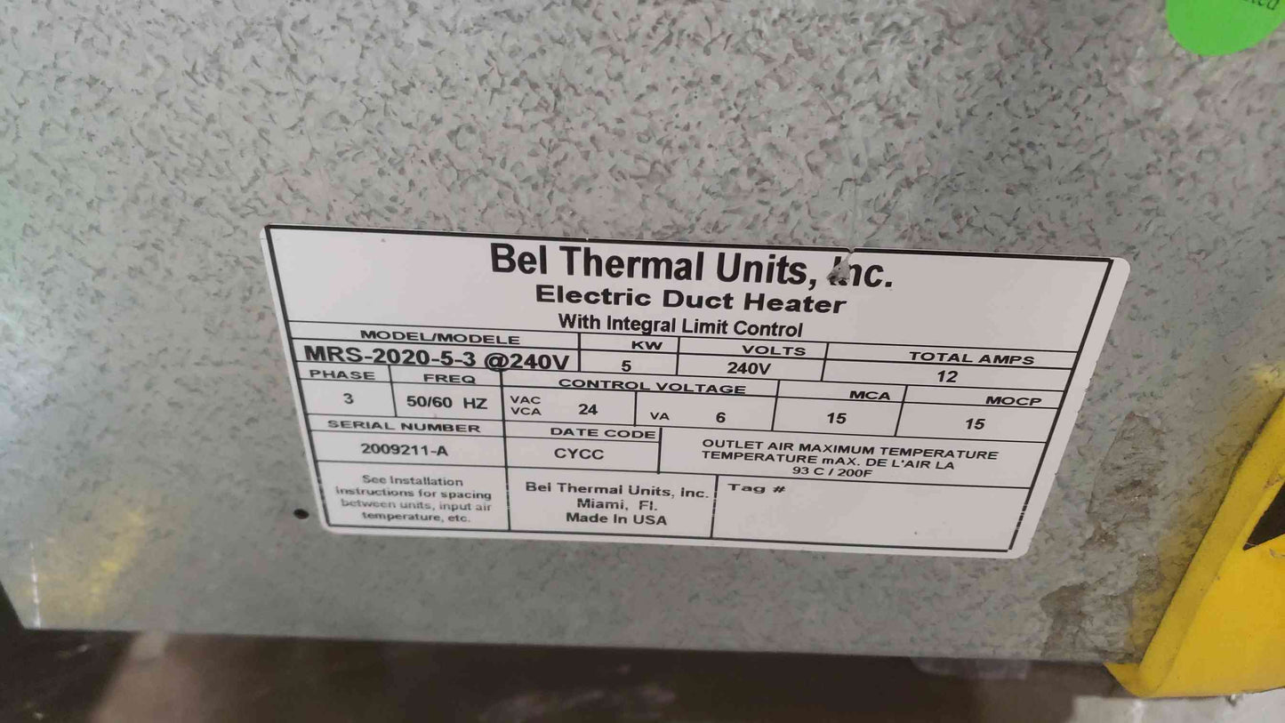AS-IS Bel Thermal 5KW 240V 12A 3PH Electric Duct Heater MRS-2020-5-3 (SKU: 111390)