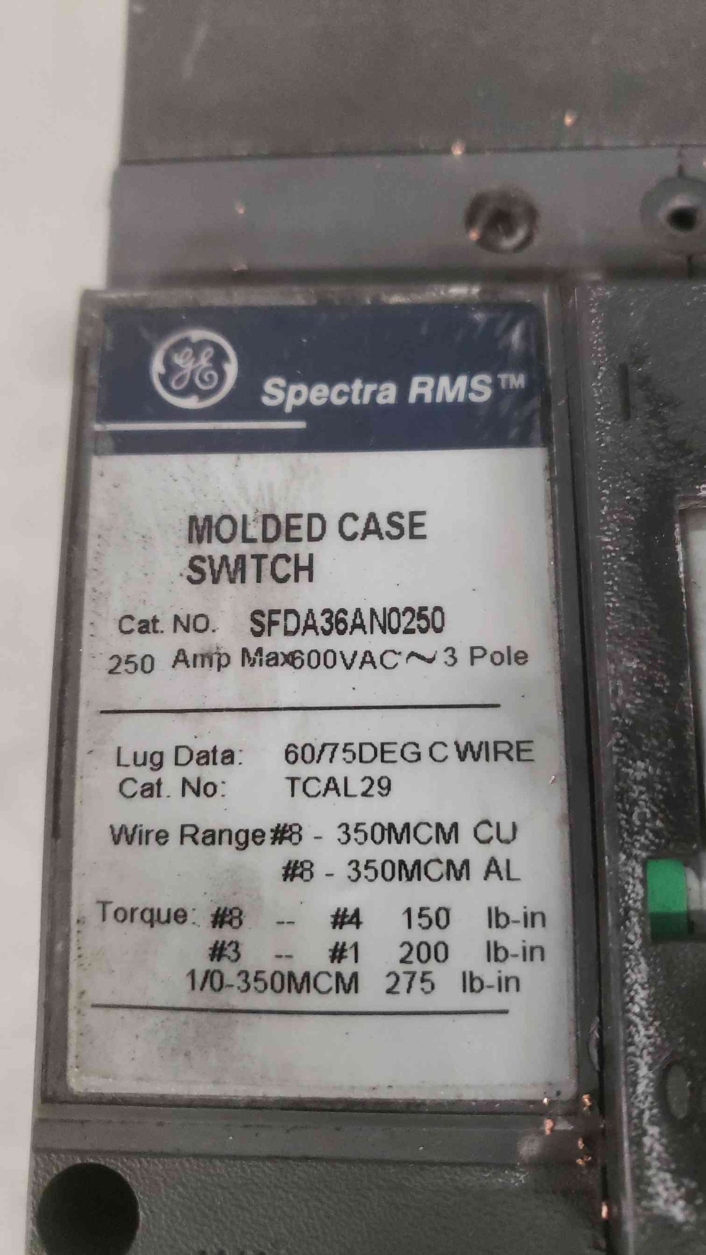 GE SPECTRA SERIES 250A 600VAC~ 3 Pole Breaker SFDA36AN0250 (SKU: 111399)