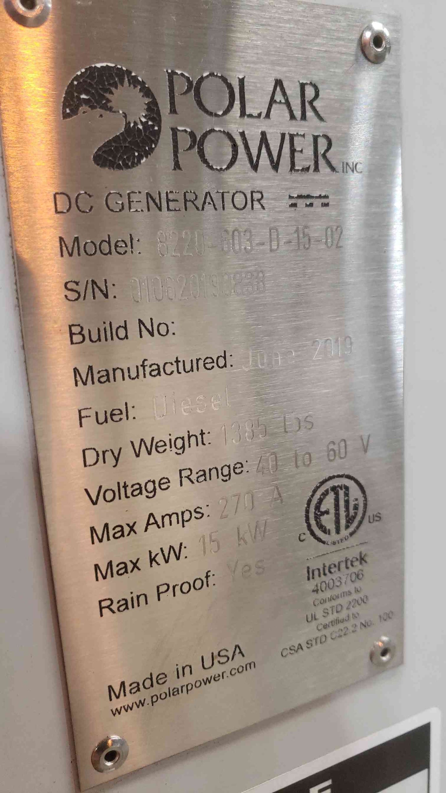 15KW Polar Power 8220-603-D-15-02 270A 40-60V Diesel 25Hrs. (SKU: 111468)