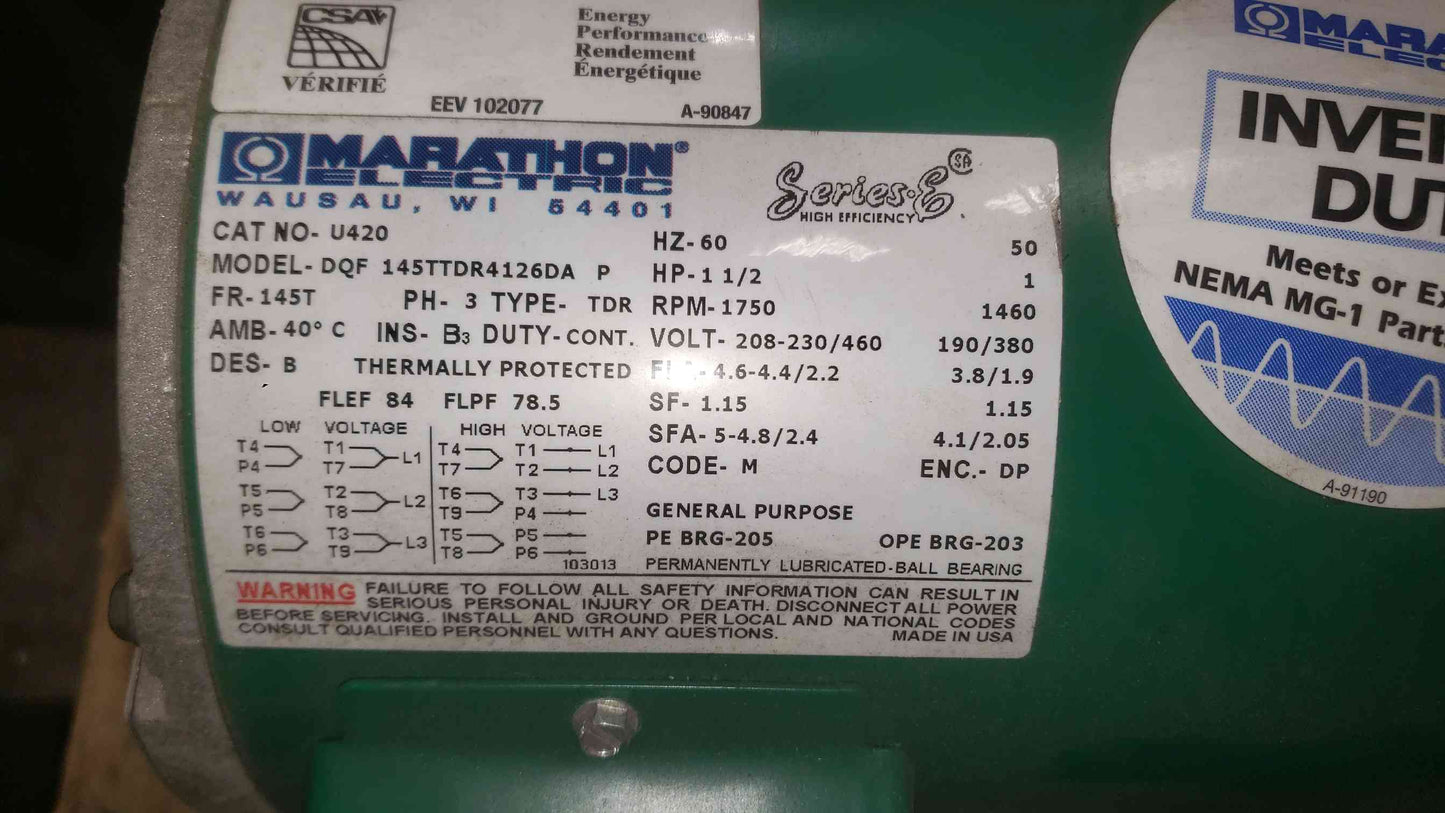 Marathon Electric 1.5HP 208-230/460 3PH Motor DQF 145TTDR4126DA (SKU: 111485)