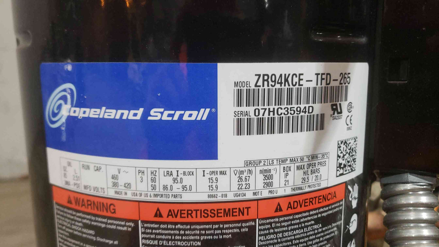 Copeland Scroll 460/380-420 3PH Compressor ZR94KCE-TFD-265 (SKU: 111486)