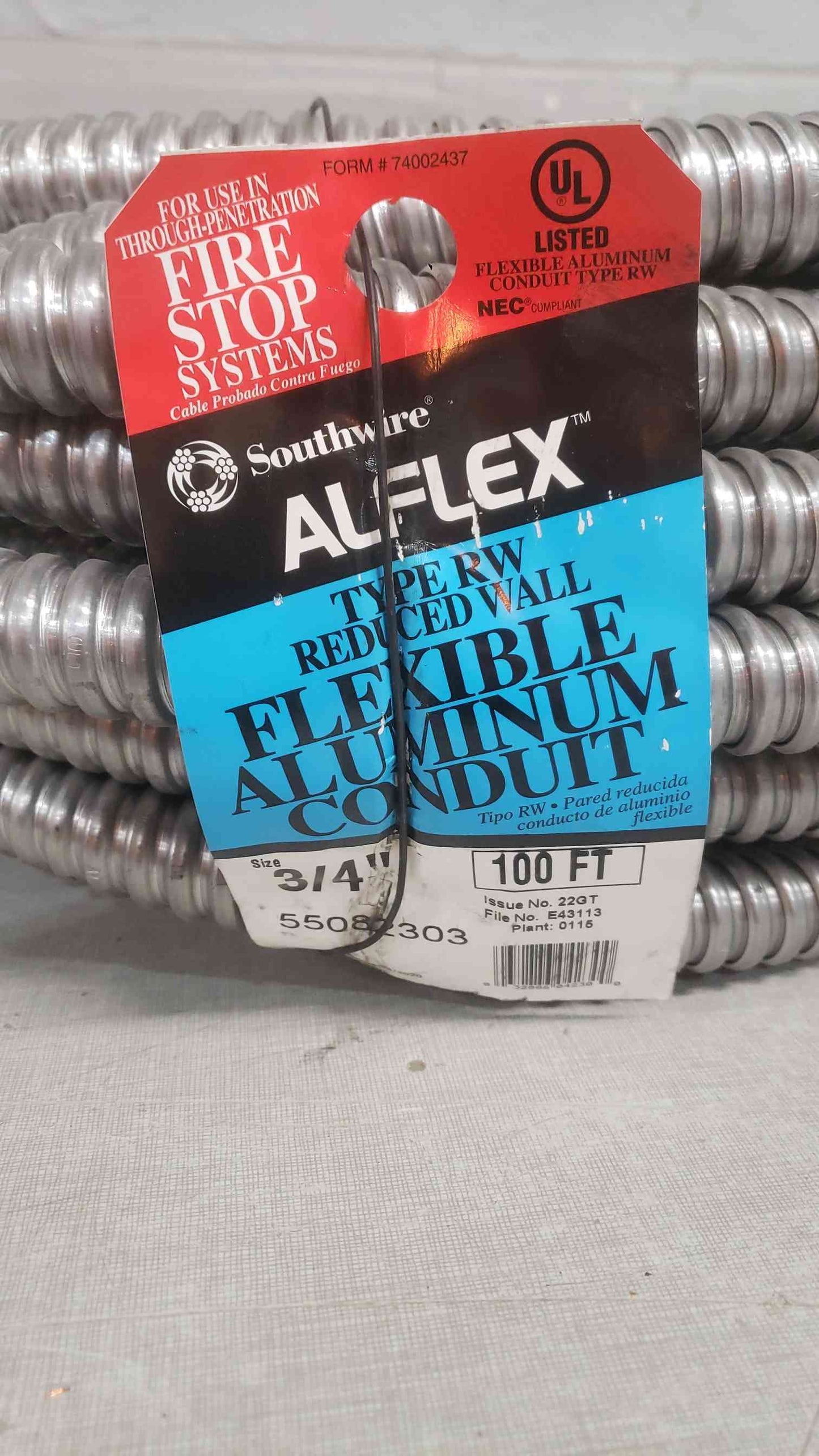 NEW 100' Southwire Flexible 3/4" Aluminum Conduit Type RW 55082303 (SKU: 111605)
