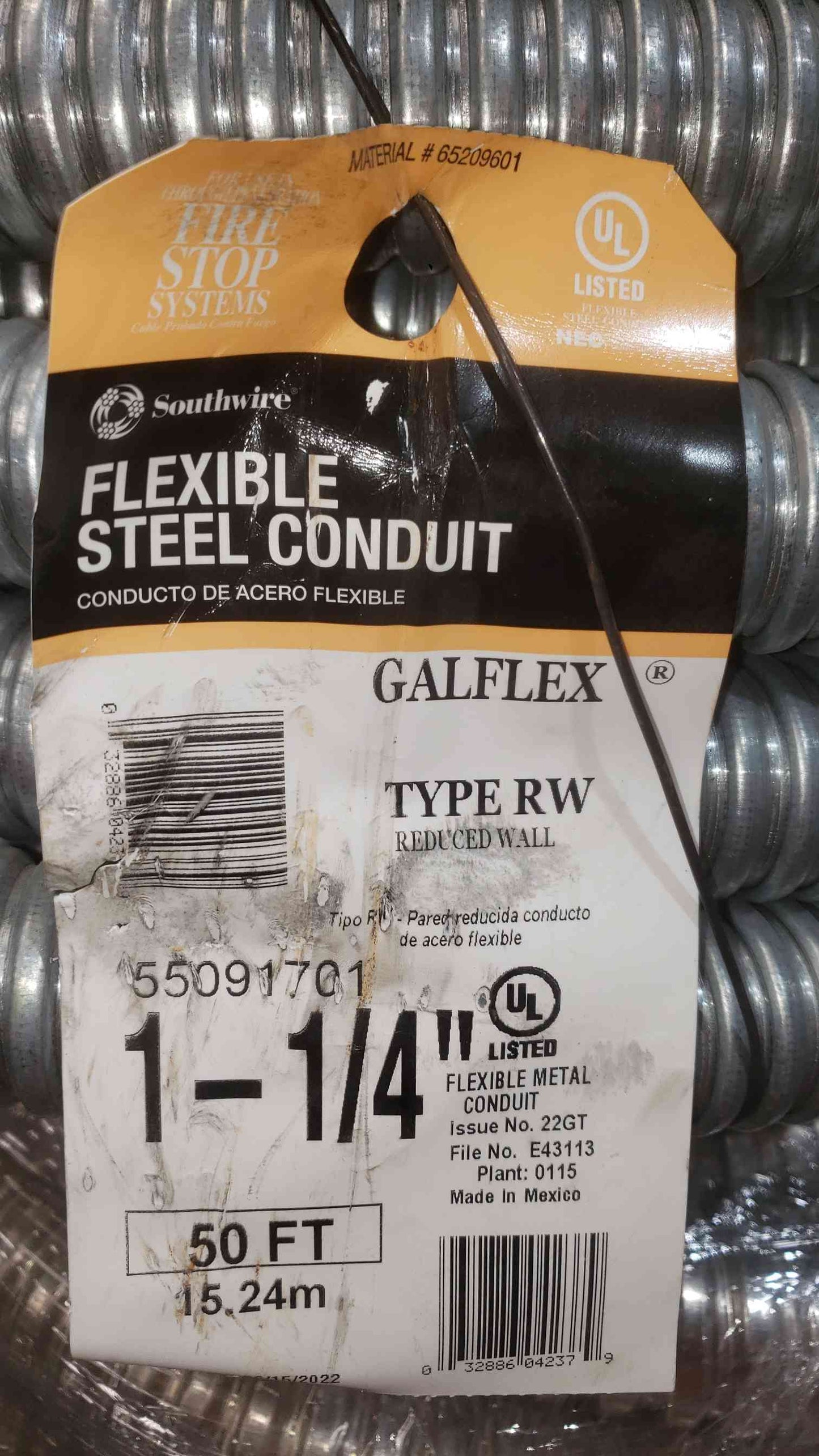 NEW Southwire 50' 1-1/4" Flexible Steel Conduit Type RW 55091701 (SKU: 111606)
