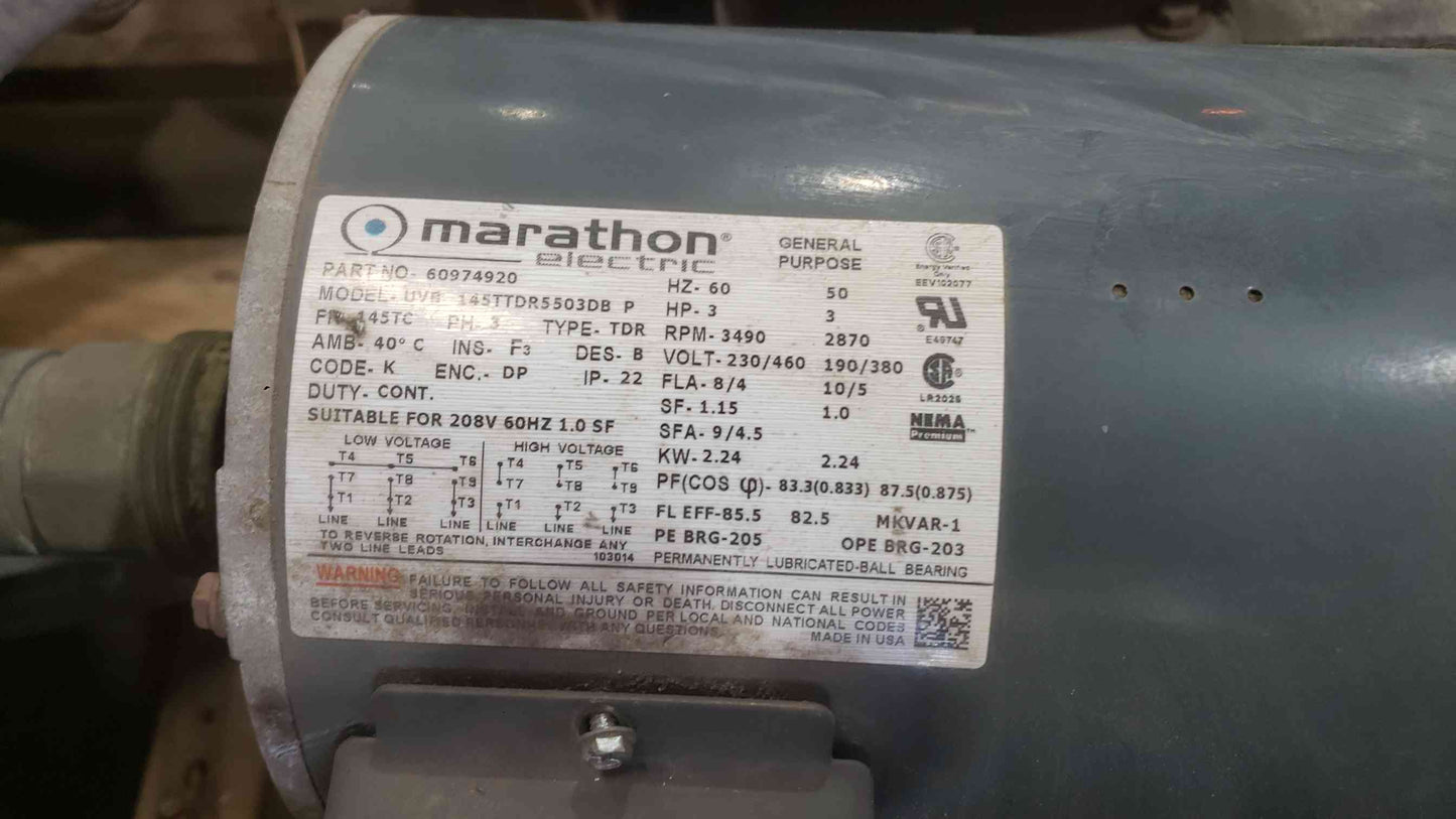 Marathon 3HP 230/460 3PH Motor & Pump UVB 145TTDR5503DB P (SKU: 111917)