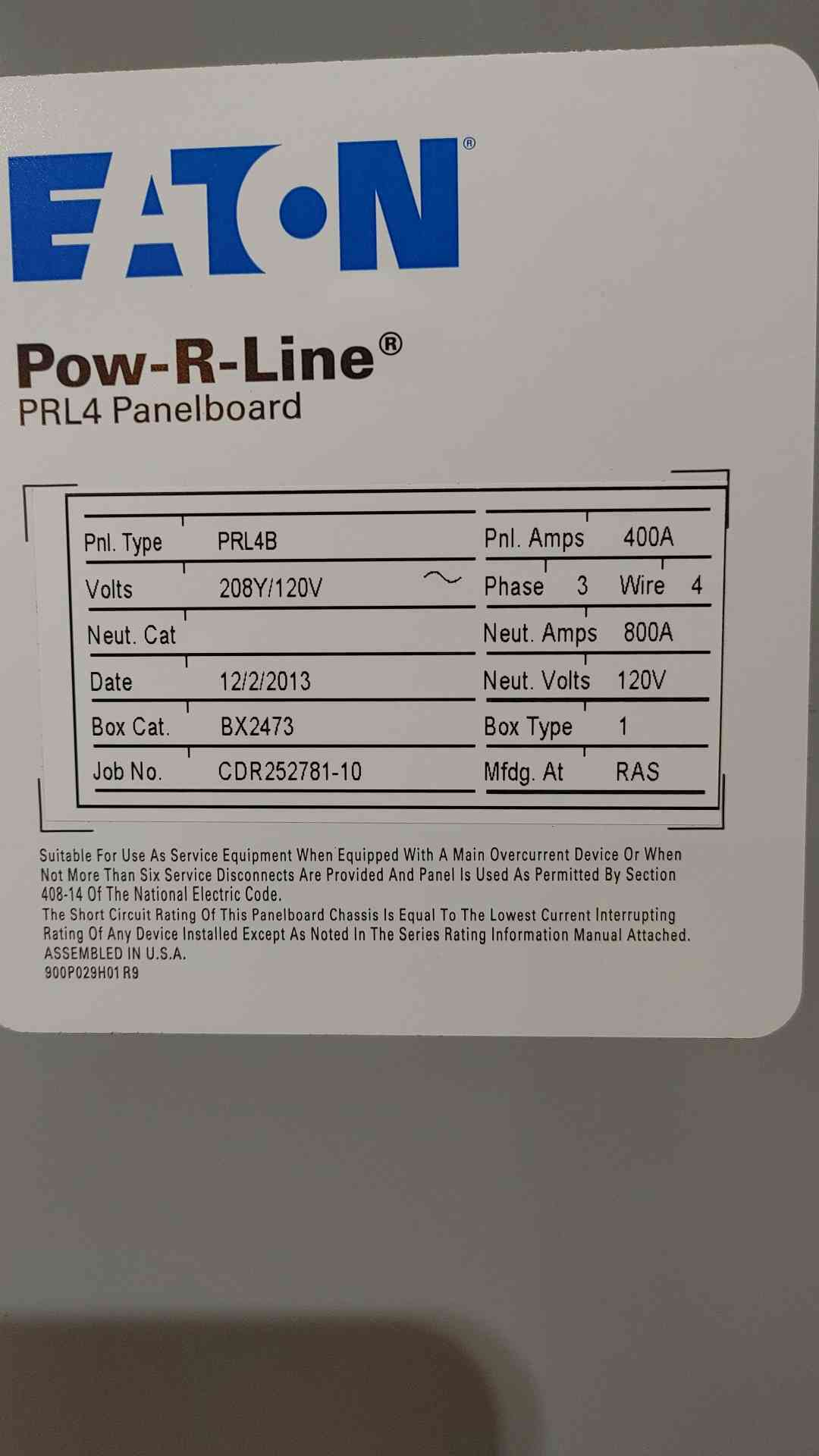 400A EATON Pow-R-Line Panelboard PRL4 208Y/120V 3 Breaker MBP (SKU: 111919)