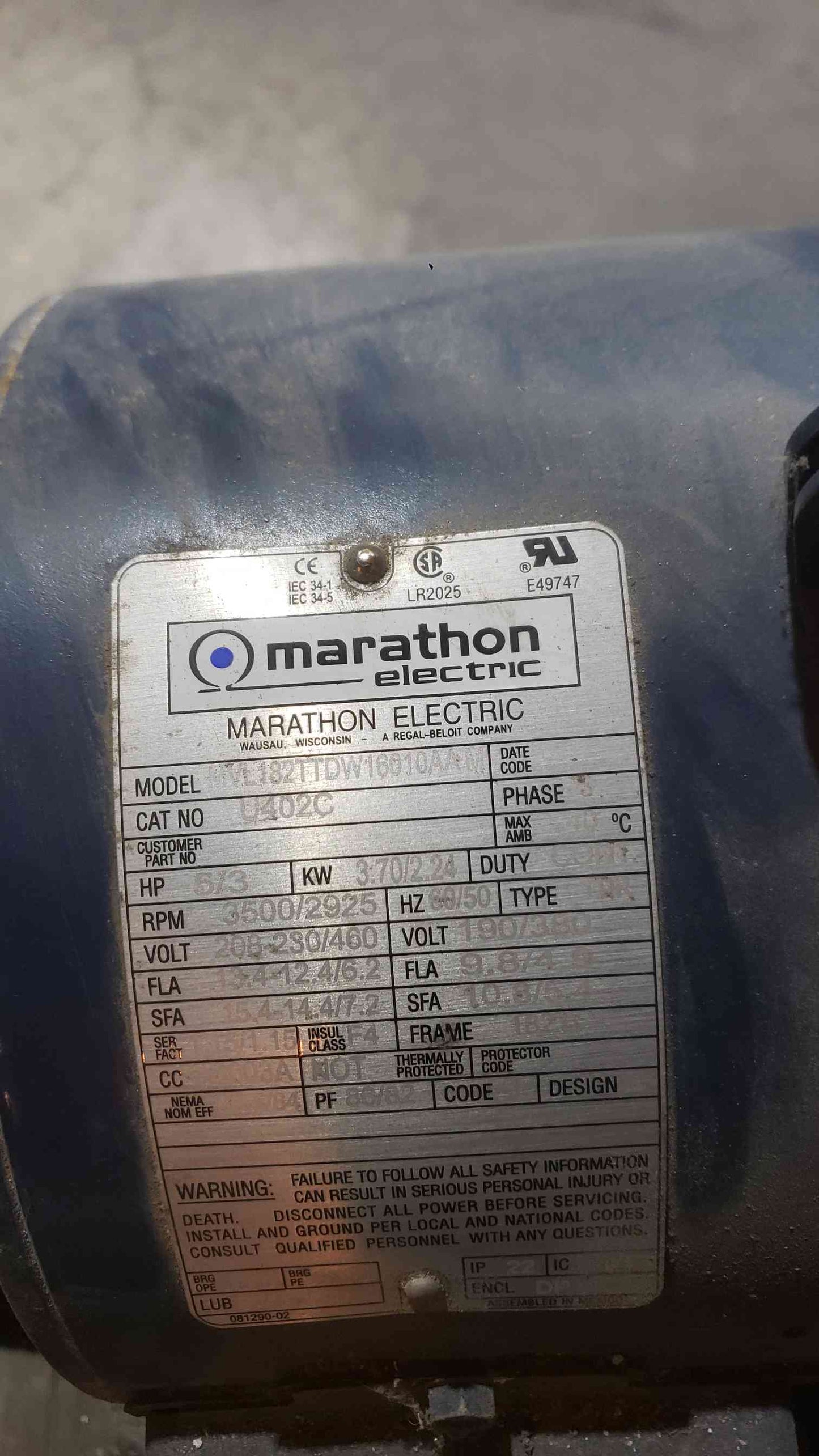 Marathon 5HP 208-230/460 3PH Motor & Pump MVL182TTDW16010AAM (SKU: 111922)