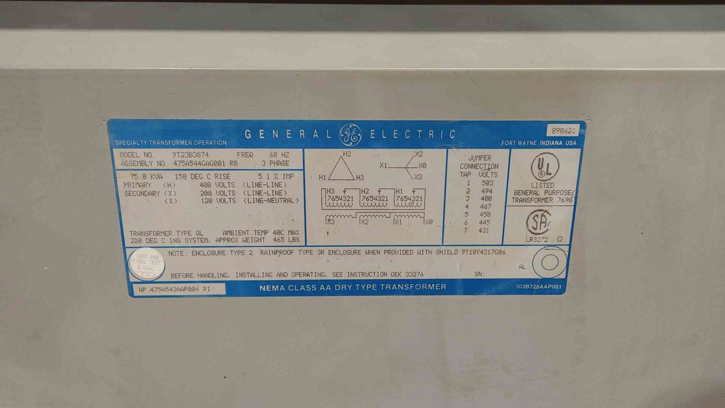 GE 75KVA 480v x 208/120v 3PH Transformer 9T23B3874 (SKU: 111969)