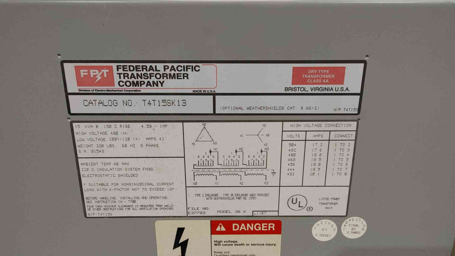 15KVA FPT 42A 480V x 208/120v 3PH Transformer T4T15SK13(SKU: 111978)