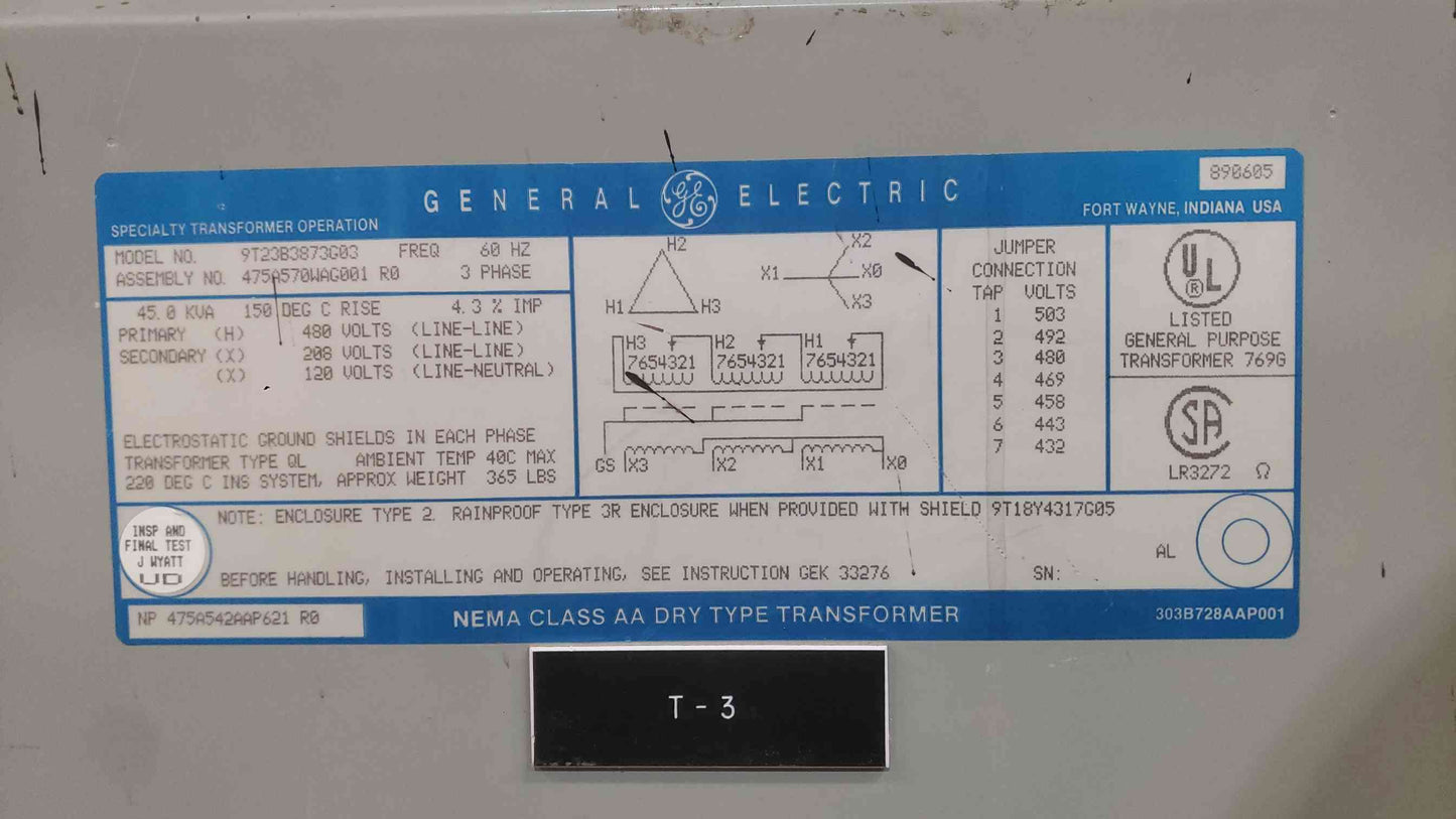 45KVA GE 480v x 208/120v 3PH Transformer 9T23B3873G03 (SKU: 111979)
