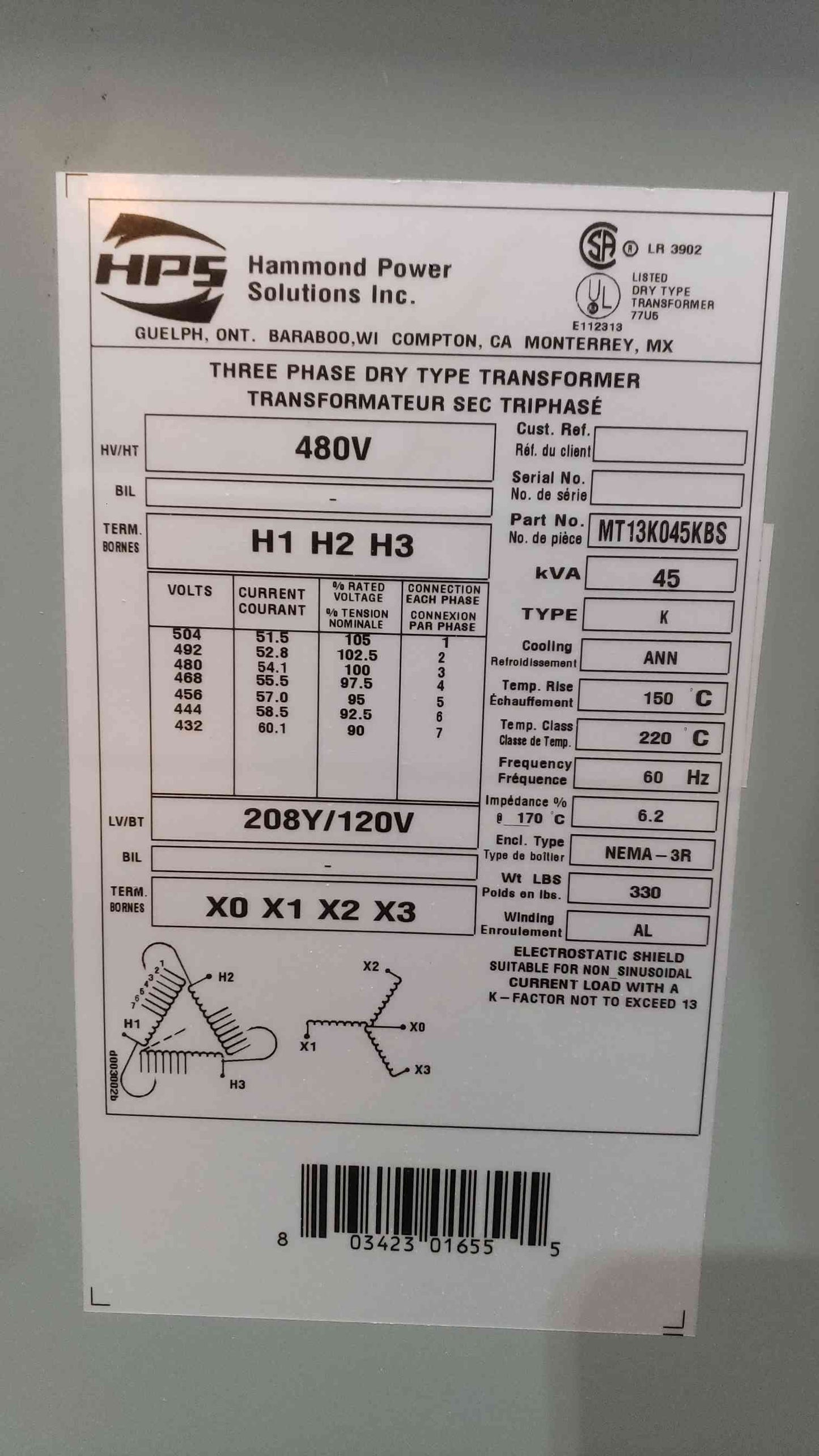 45KVA HPS 480v x 208/120v 3PH Dry Type Transformer MT13K045KBS (SKU: 111980)