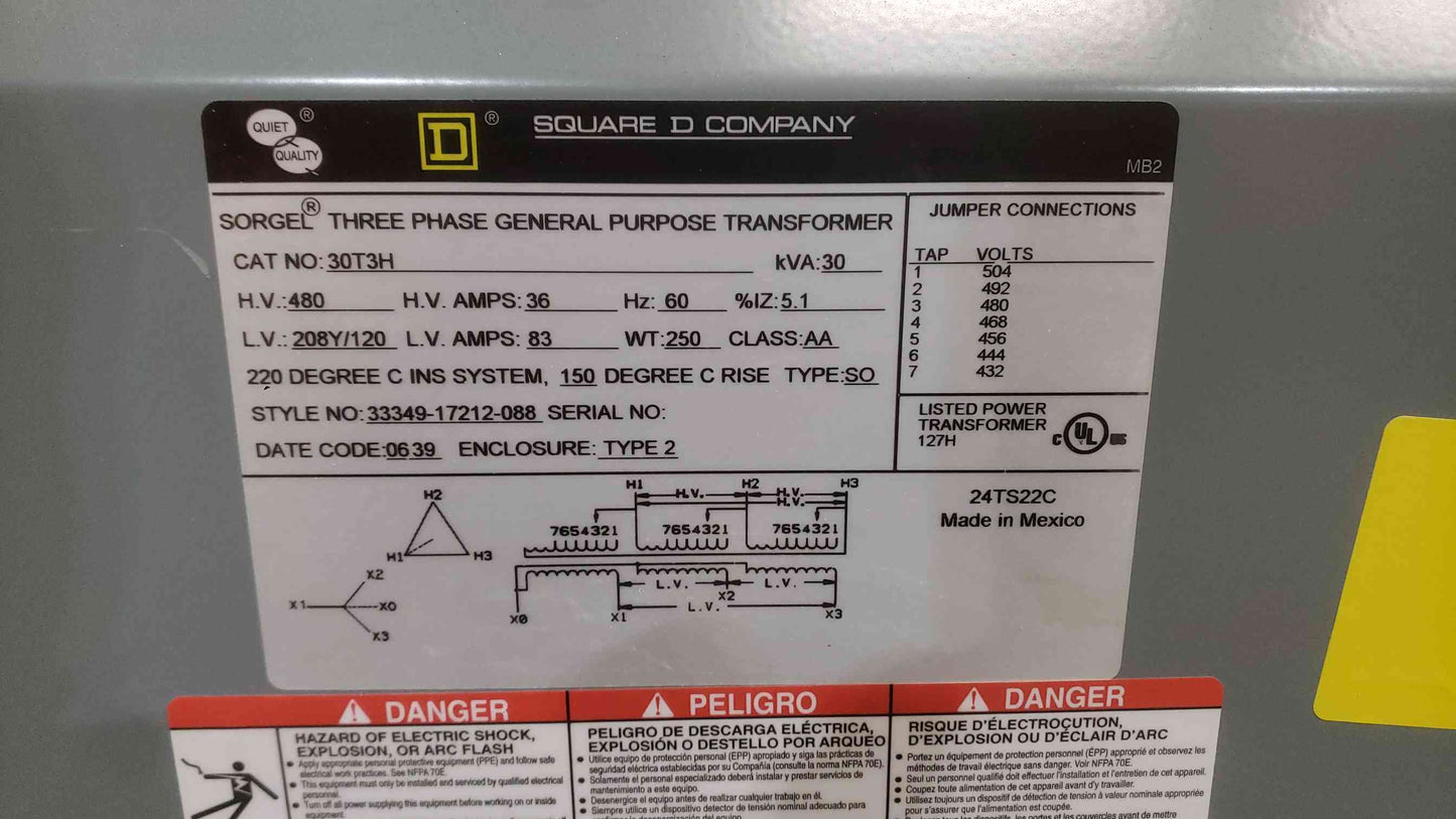 30KVA Square D 480v x 208Y/120 3PH Transformer 30T3H (SKU: 111986)