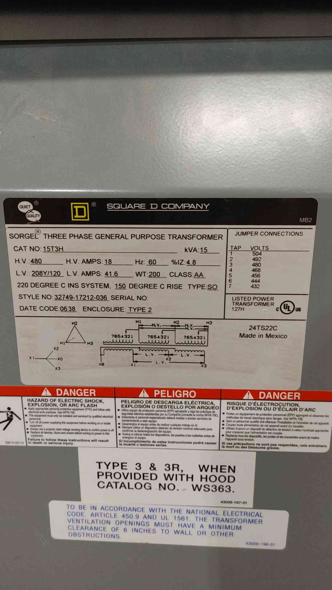 15kVA SQUARE D 41.6A 480V x 208/120v 3PH Transformer 15T3H(SKU: 111989)
