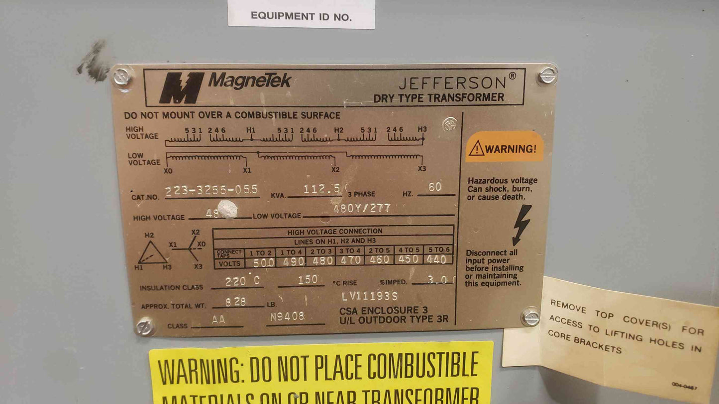 112.5KVA Magnetek 480v x 480Y/277 3PH Transformer 223-3255-055 (SKU: 111990)