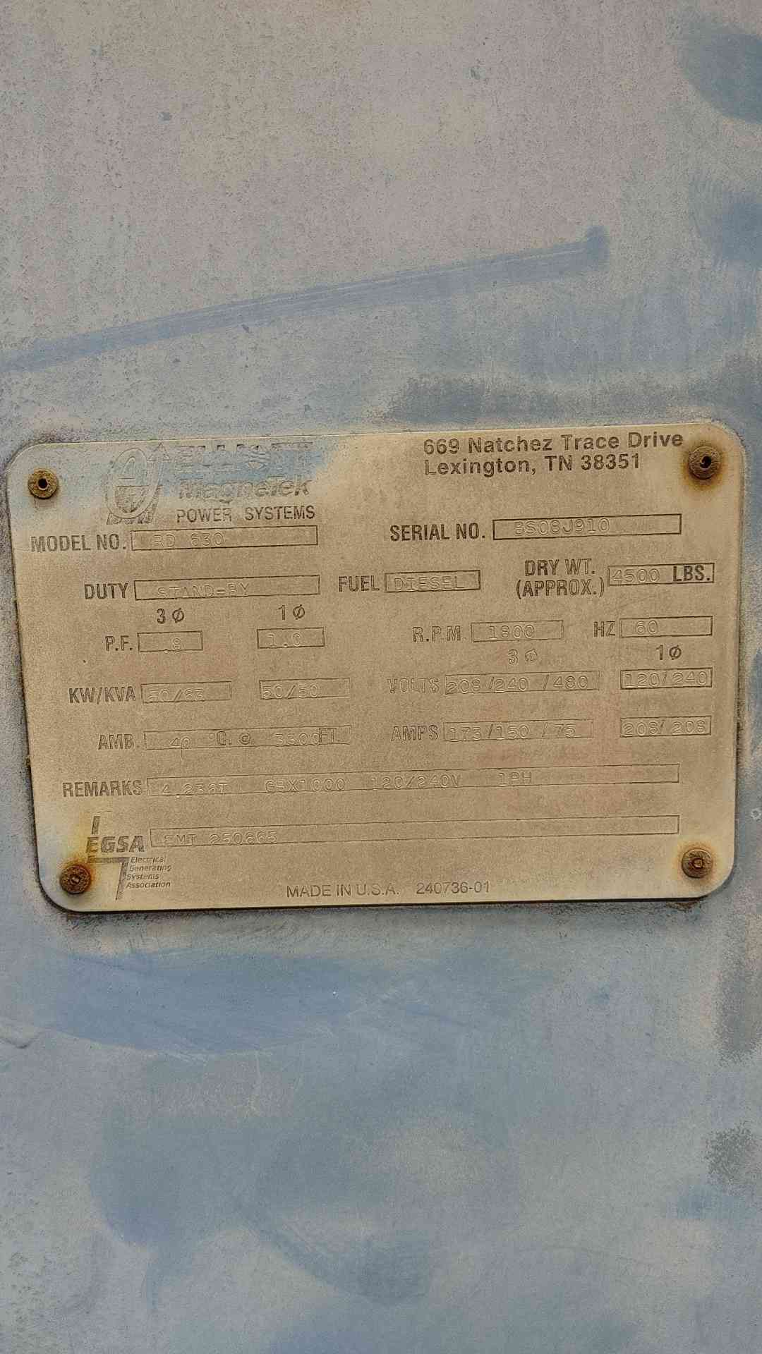 50KW MagneTek 1&3PH Diesel Generator RD630 903Hrs TESTED (SKU: 112055)