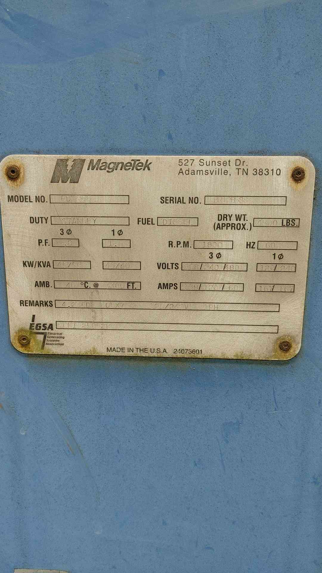 40KW MagneTek RD 500 480-208/240 Multi-Phase Diesel 926 Hrs. TESTED (SKU: 112057)
