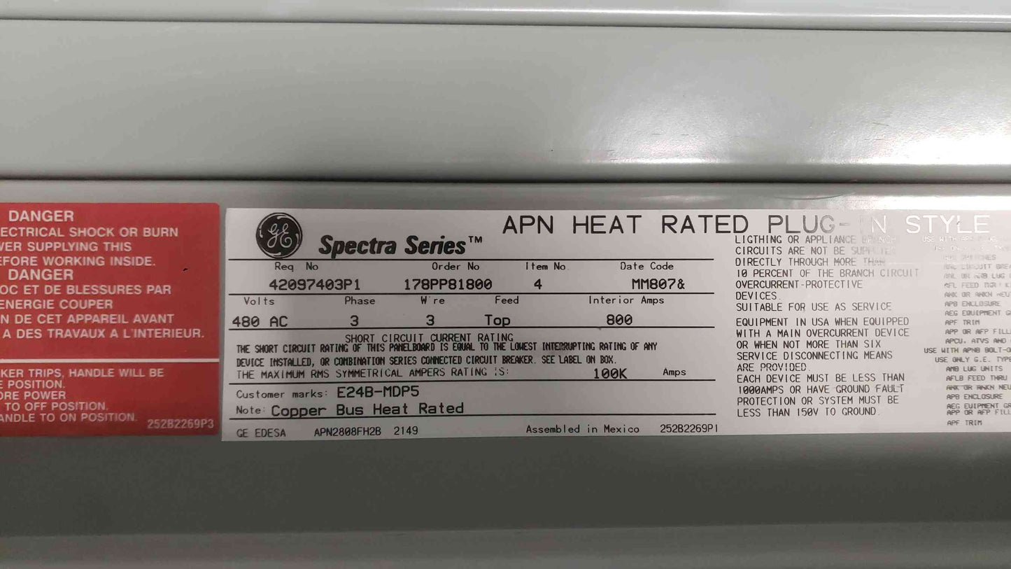 GE 800A 480VAC 3PH 3W Top Feed Panelboard 2 Breaker Meter & Main (SKU: 112070)