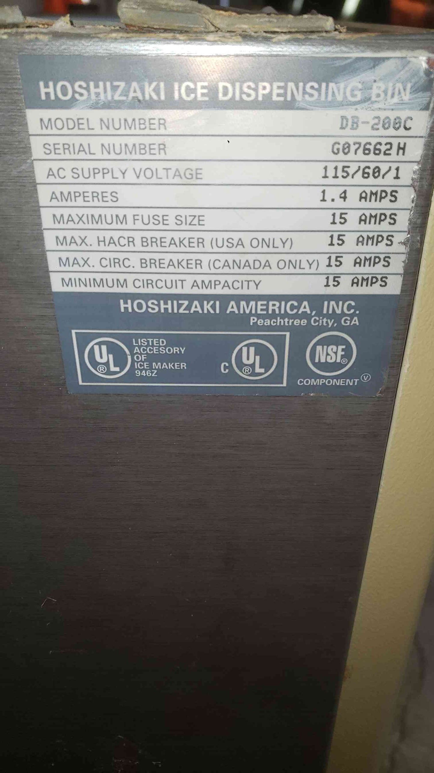 AS-IS Hoshizaki 115VAC 60Hz 1PH Ice Dispenser Bin DB-200C (SKU: 112124)