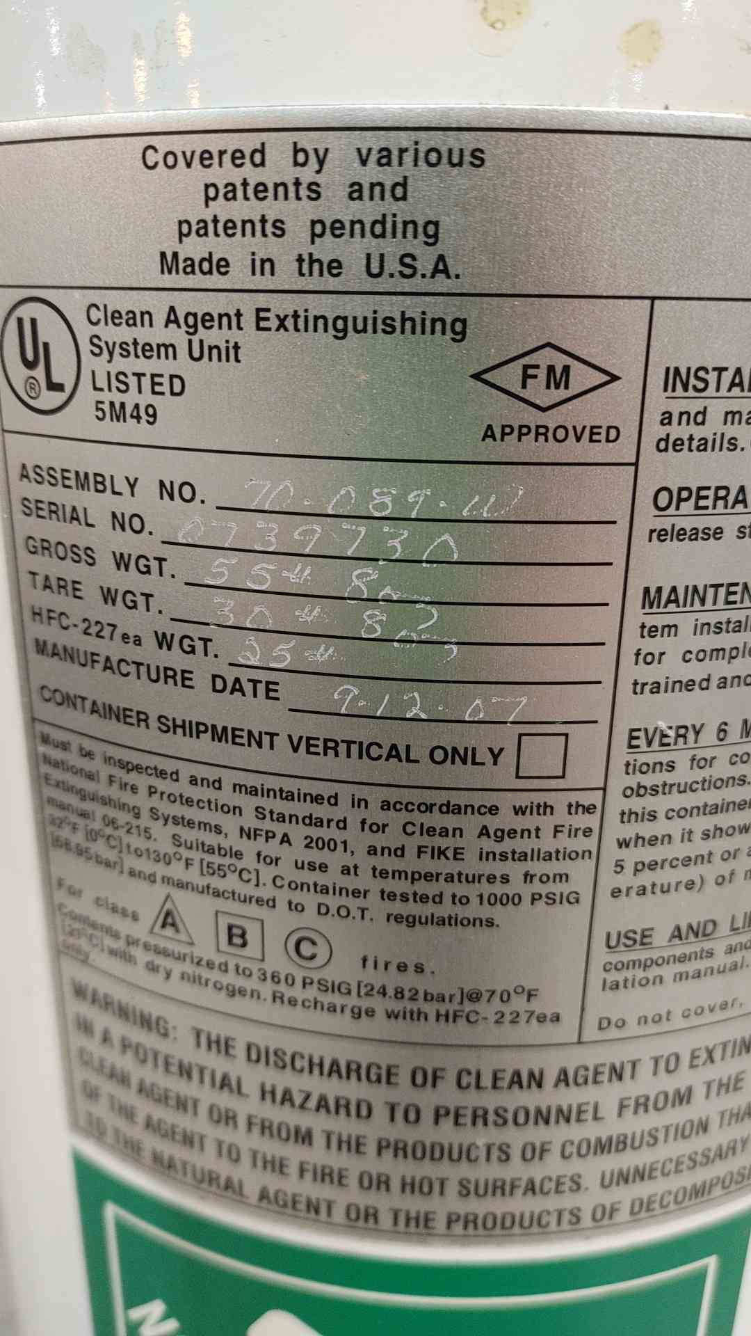 FIKE 25lbs FM-200 Clean Agent Fire Suppression Tank (SKU: 112126)